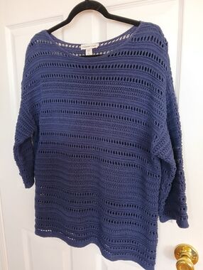 Coldwater Creek Women's Blue Open-Knit  Sweater Spring Boho Coastal Beach Resort